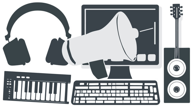Digital media and music production tools set with computer, headphones, guitar, synthesizer, and megaphone icons