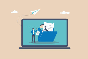 Digital document management and organization business professionals managing files on laptop screen computer interface