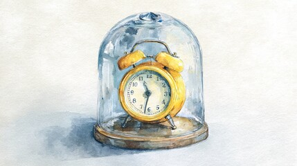 A vintage yellow alarm clock encased under a glass dome, symbolizing the passage of time in a serene watercolor setting.