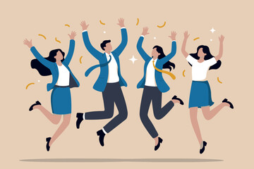 Joyful business people celebrate success jumping high with confetti in the air cheerful teamwork achievement concept