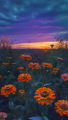 Vibrant Orange Marigolds Glistening Under Majestic Purple Dusk: A Captivating Floral Display in the Evening Light
