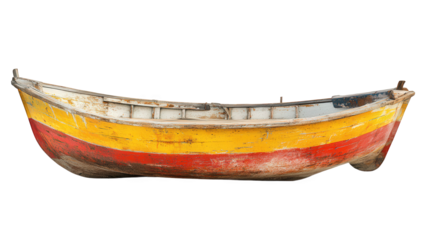 An old, weathered rowboat isolated on transparent background, featuring vibrant yellow and red stripes, showcasing its rustic charm and maritime history