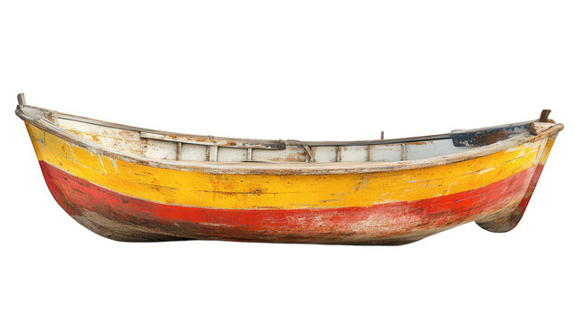 An old, weathered rowboat isolated on transparent background, featuring vibrant yellow and red stripes, showcasing its rustic charm and maritime history
