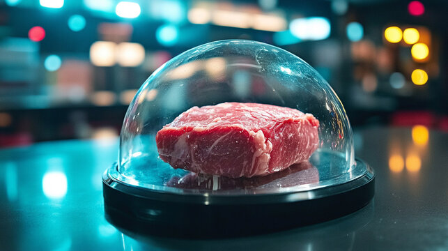 Lab-grown meat sample displayed under a glass dome highlighting scientific innovation food technology sustainability and futuristic alternative protein concepts in a modern laboratory setting