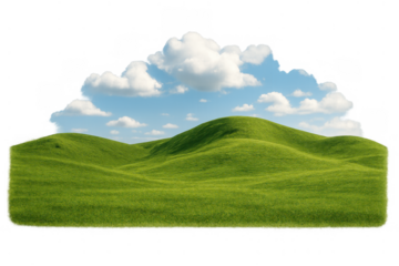 Green rolling hills landscape with blue sky and white cumulus clouds on a transparent background