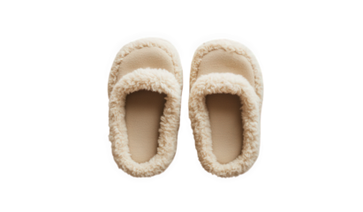 Cozy sheepskin slippers isolated on transparent background, offering warmth and comfort for relaxing at home during chilly days and evenings