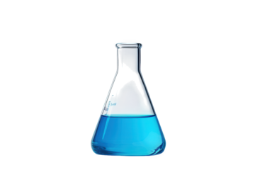 Erlenmeyer flask with blue liquid isolated on transparent background, showcasing scientific research and laboratory equipment for chemical experiments and analysis