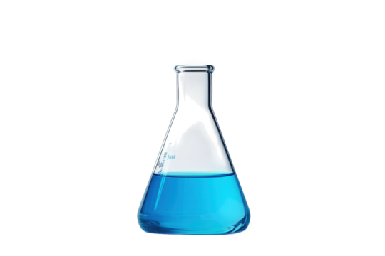 Erlenmeyer flask with blue liquid isolated on transparent background, showcasing scientific research and laboratory equipment for chemical experiments and analysis