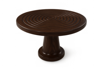 Dark wooden round dining table with concentric circle design top and pedestal base on transparent background