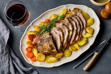 freshly baked sliced pork neck roast