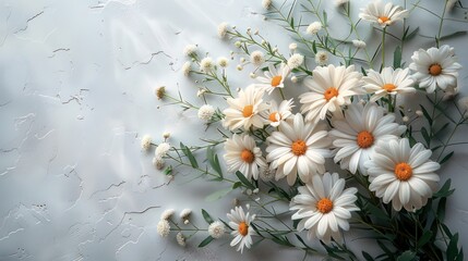 a simple corner bouquet of white daisies and soft greenery on a pure white background 