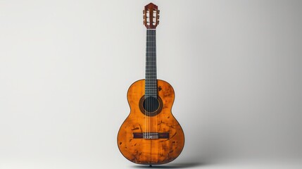  a single acoustic guitar standing upright on a minimal white background, detailed wood grain and shadowsr