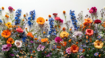 a single corner of colorful wildflowers arranged loosely on a white background and white surface