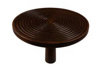 Dark wooden round side table with ribbed grooved top and single cylindrical leg, modern furniture design