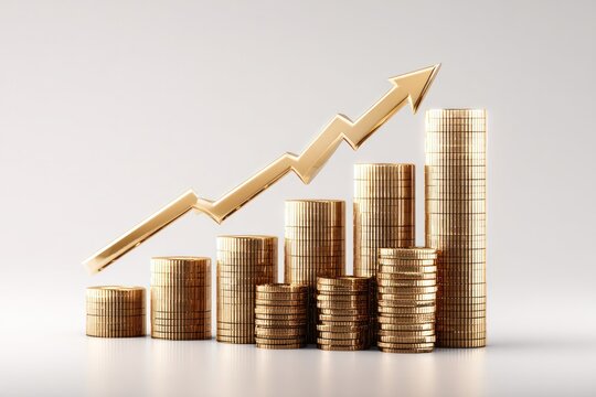 Financial Ascent: An illustration of golden coins forming ascending stacks with an upward-pointing arrow overlay, representing financial growth and investment success.