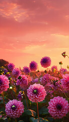 Majestic Violet Dahlias in a Captivating Garden Setting Under the Dreamy Peach Skies at Sunset