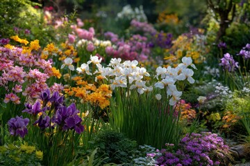 Fototapeta premium Floral Paradise: A vibrant garden bursting with a symphony of colorful blossoms, offering a feast for the eyes and a touch of serenity.
