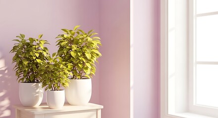 Indoor Potted Plants Arrangement near Window with Light Purple Walls