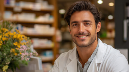 Fototapeta premium The Caring Chemist: Portrait of a knowledgeable chemist, radiating warmth and professionalism while standing amidst the shelves of medicine, showcasing trust and expertise.