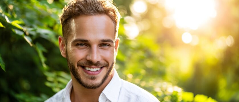 Nature's warm embrace: young man's bright outdoor portrait. High resolution. Cheerful young man outdoors with a light breeze and subtle lighting. Advertising photo. Modern design.