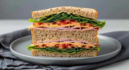 Long stacked sandwiches with wheat bread and fresh ingredients. Large sandwich made with cheese, tomato, lettuce and bread on a plate