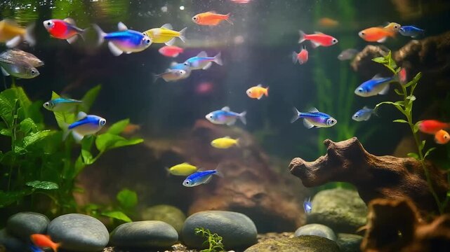 Colorful Aquascape with Small Tropical Fish &ndash; Realistic Full Aquarium Scene with Bright Lighting