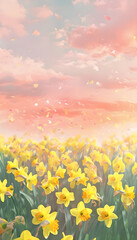 Gorgeous Yellow Daffodils Awash in the Soft Glow of Early Morning Light - Spectacular Floral Dawn Delight