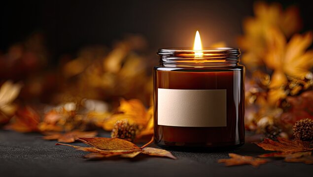 Lit candle in amber jar amidst autumn leaves - Powered by Adobe