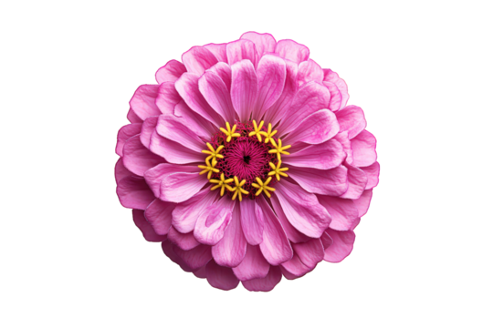 Vibrant pink zinnia bloom isolated on transparent background, showcasing its intricate petal arrangement and bright yellow center, ideal for floral designs and decorations