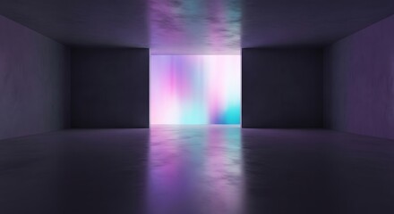 Mystical portal emits vivid hues within a darkened abstract room