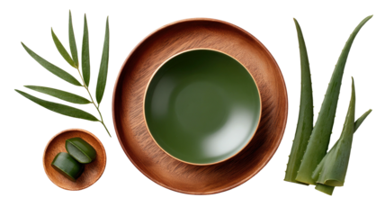 Natural wellness bowls, aloe, and palm frond, top view