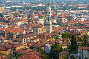 Elevated view of Bergamo with rooftops and bell tower in Lombardy, Italy