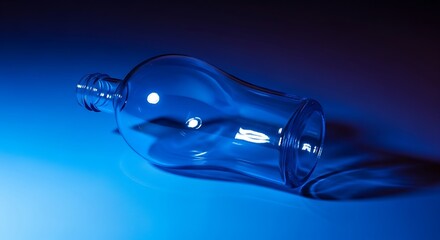 Serene blue studio shot of a sleek glass flask lying horizontally