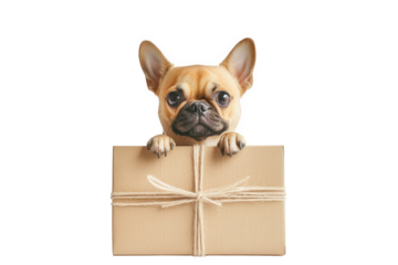 A cute french bulldog puppy isolated on transparent background is peeking over a brown cardboard box with a curious expression and adorable paws in a studio shot