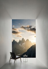 Serene vista interior design with mountain backdrop, a tranquil retreat