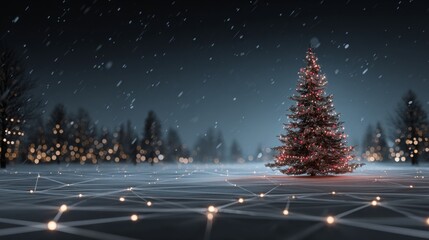 Festive serenity: a glowing tree in a peaceful winter scene. Cyber intelligence. Christmas wonderland: radiant tree and glistening snowflakes. Digital web. Virtual connectivity.