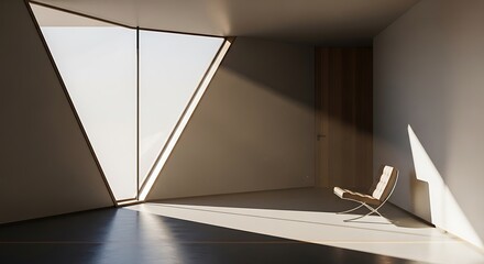 Sunlit interior featuring geometric window, modern chair, and minimalist design