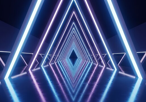 Futuristic Neon Light Triangular Tunnel in Blue and Purple Abstract