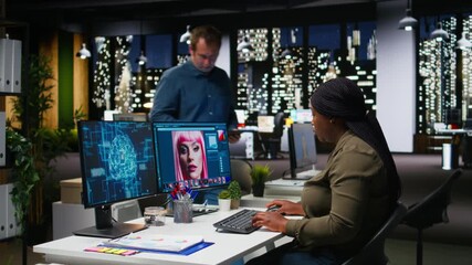 Multiethnic retouching team using neural networks for editing content, machine learning and editing new photo materials online. Professional designers using digital software and AI. Camera A. - Powered by Adobe