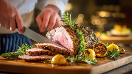 A chef slicing a roasted meat centerpiece garnished with rosemary and lemon slices on a wooden board