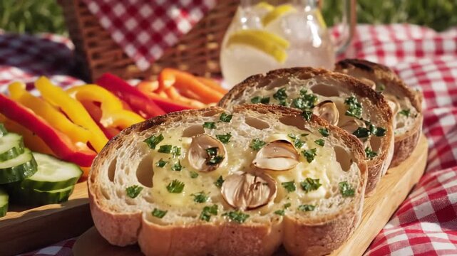 Delicious Picnic Spread with Fresh Vegetables and Garlic Bread.