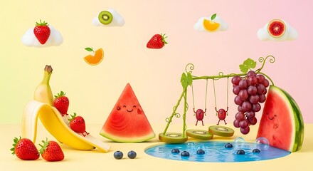 Whimsical fruit playground scene with animated characters and colorful fruits