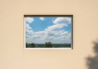 Window to open skies with damaged film and rural view through glass