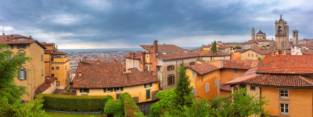 Elevated view of Bergamo with rooftops and bell tower in Lombardy, Italy