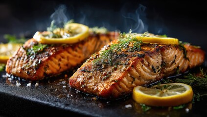 Grilled salmon fillets, lemon wedges, and fresh herbs
