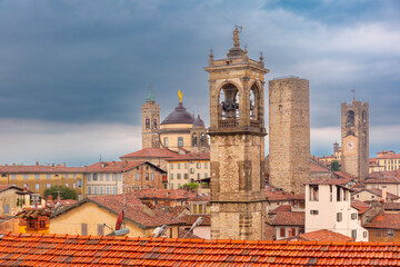 Elevated view of Bergamo with rooftops and bell tower in Lombardy, Italy