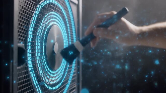 Ai power crunch data center build futuristic hand cleaning speaker grill with neon blue holographic arrow waveform data and gentle brush motion