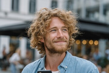 Urban connectivity: stylish young man engaged with technology in the city. Large format. Handsome young man in casuals engaging with his smartphone in the city. Copy space. Creative poster.