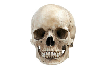 Fototapeta premium Anatomical human skull isolated on transparent background, showcasing the intricate details of the cranium, eye sockets, nasal cavity, and teeth structure