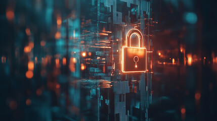 A floating holographic padlock represents data protection, cybersecurity, and digital security, symbolizing trust, encryption, and safeguarding information in a futuristic setting.
